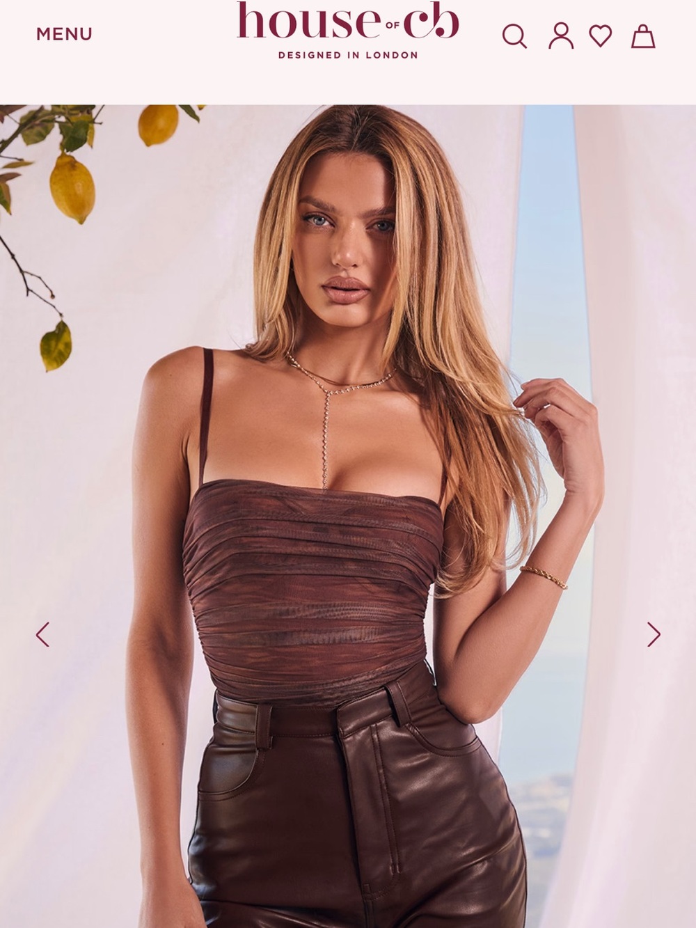 House of CB Pearl Chocolate Print Ruched Mesh Bodysuit Size XS